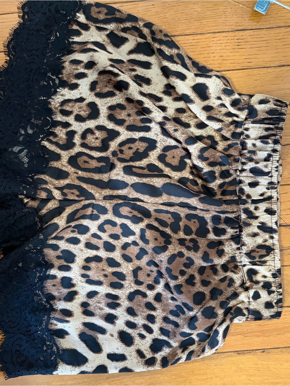 Dressed in LALA Leopard Print Satin Shorts with Black Lace Trim - Picture 5 of 6